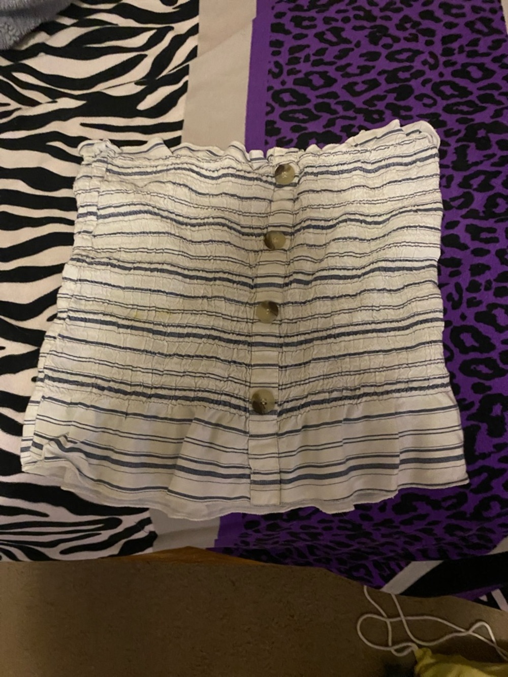 Style Envy White and Navy Striped Smocked Button Tube Top